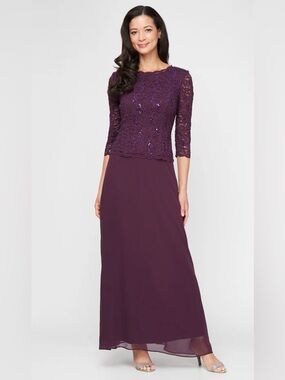Alex Evenings Purple Lace Bodice Maxi Dress